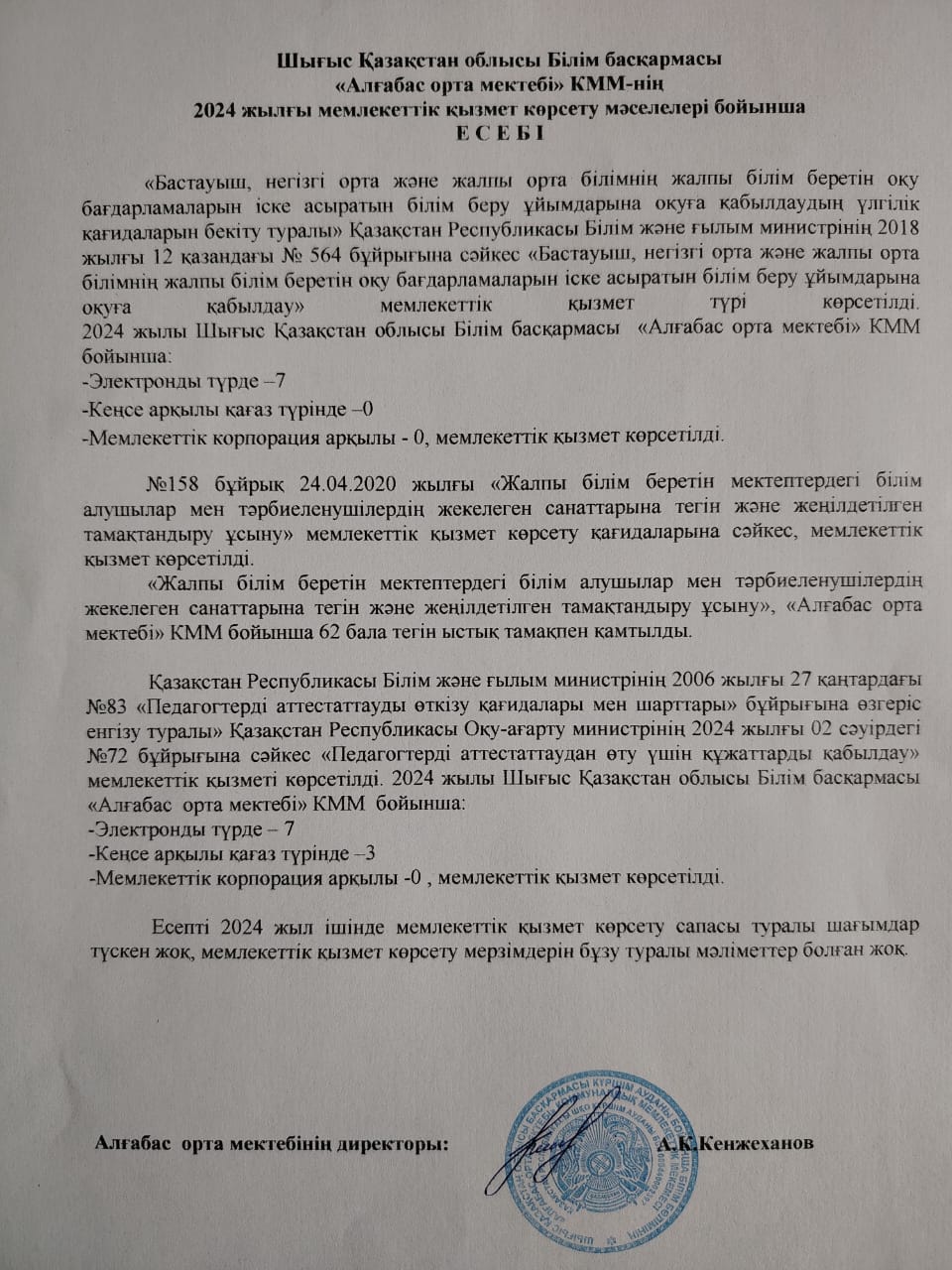 Шығыс Қазақстан облысы Білім басқармасы "Алғабас орта мектеі"КММ-нің 2024 жылғы мемлекеттік қызмет көрсету мәселелері бойынша есебі